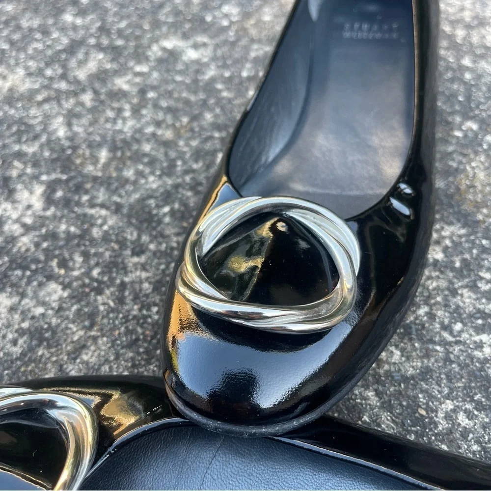 Stuart Weitzman Black Patent Wedge Pumps Silver Hardware Officecore Corporate 7